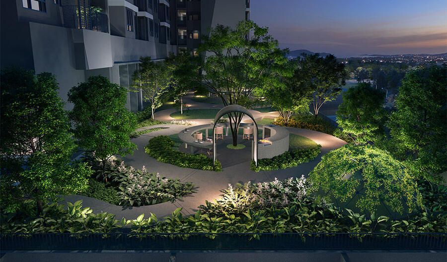 M Aurora urban glamping lawn and BBQ area artist impression at dusk