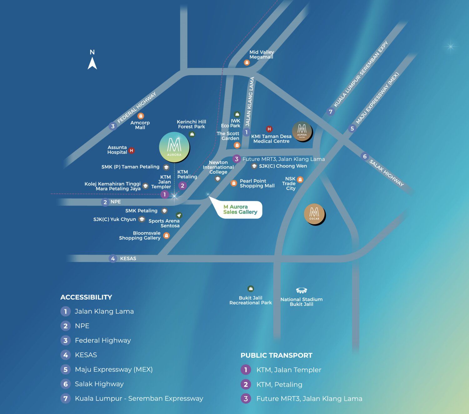 M Aurora location map showing Jalan Klang Lama, NPE, Federal Highway, KESAS, MEX, Salak Highway, KL-Seremban Expressway, KTM Jalan Templer, KTM Petaling, future MRT3, Mid Valley Megamall, Assunta Hospital and nearby schools